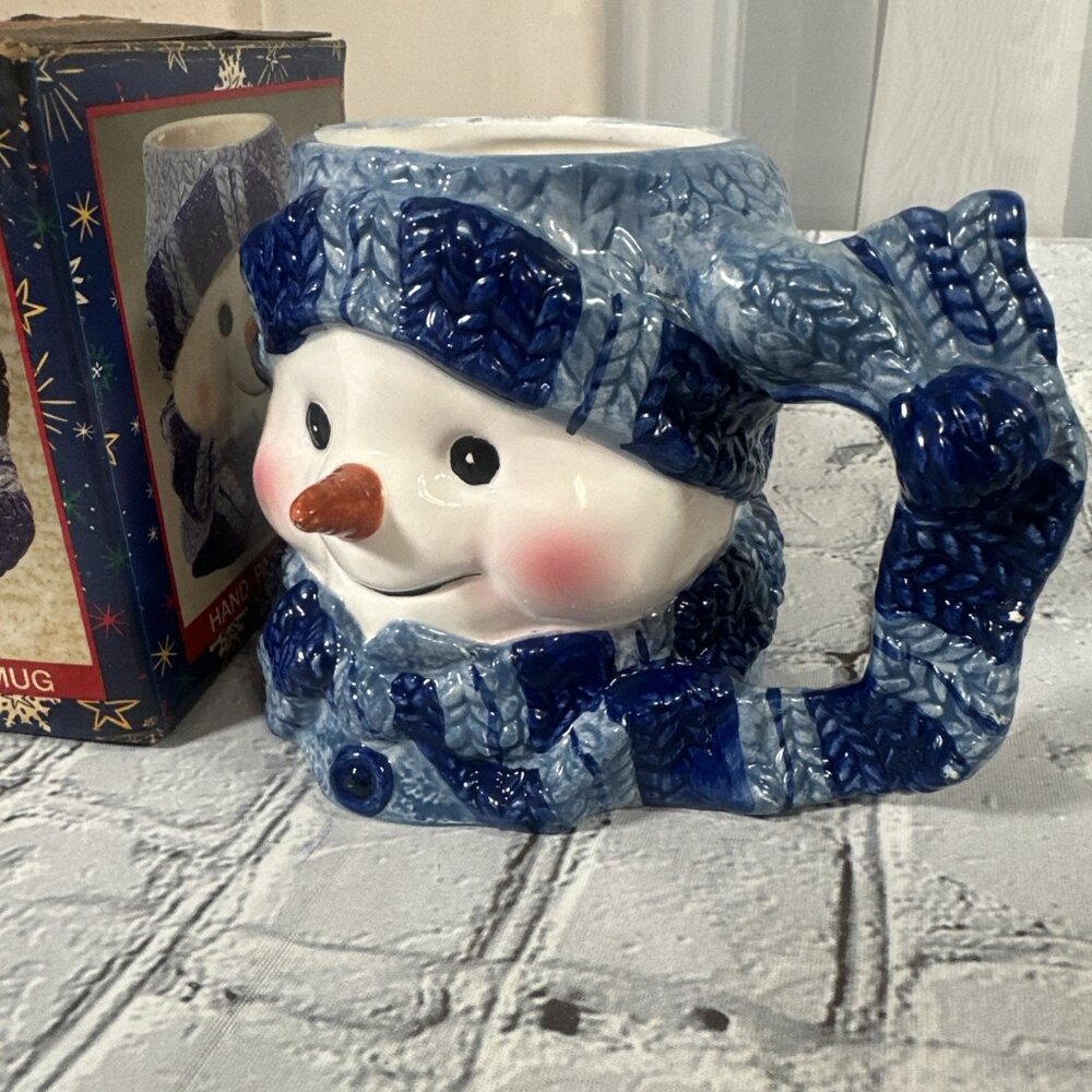 Holiday Workshop Vintage Snowman Ceramic Mug Christmas Blue Knit Hat and Scarf - Picture 2 of 13